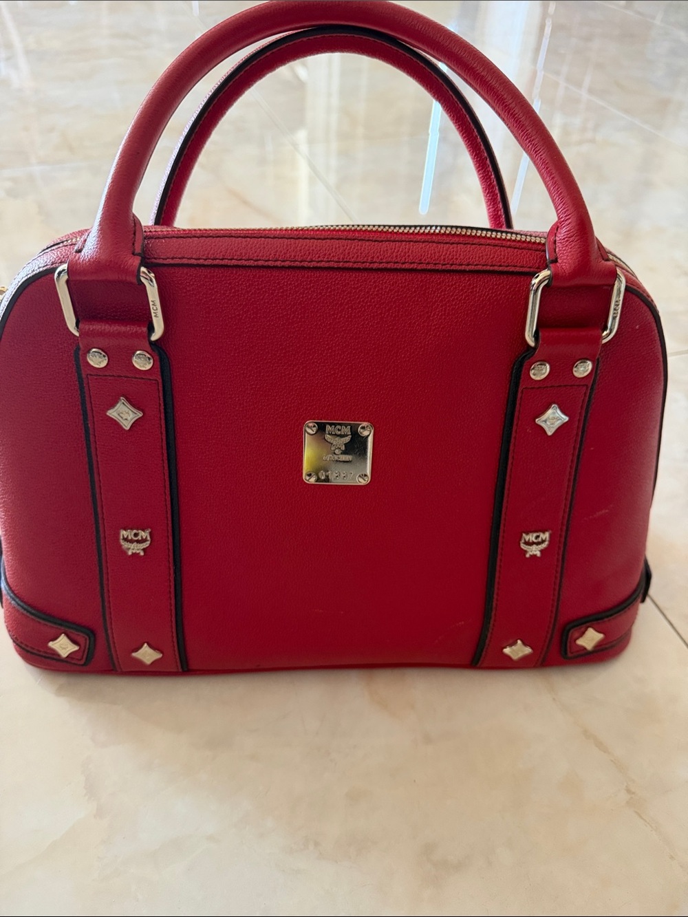 MCM Red Dome Satchel with Gold Hardware